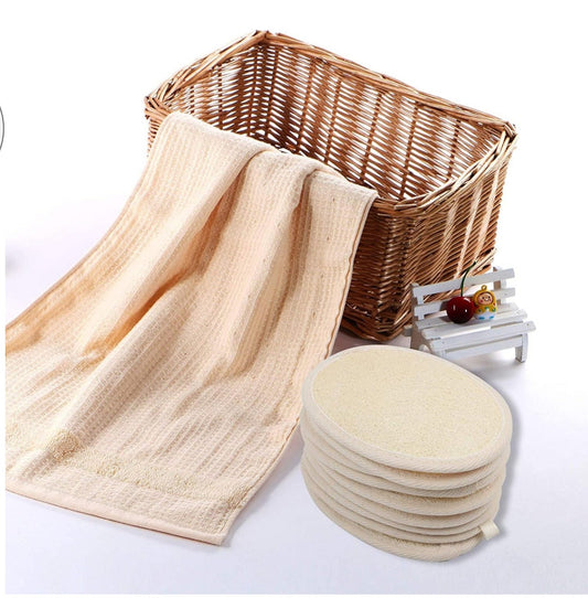 Exfoliating Loofah Sponge Pads - Natural Luffa & Terry Cloth, Body Scrubbers for Shower & Bath