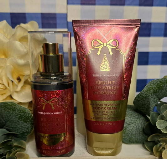 New Bath and Body Works Bright Christmas Morning 2 Piece Travel Size Gift Set Body Mist and Body Cream 